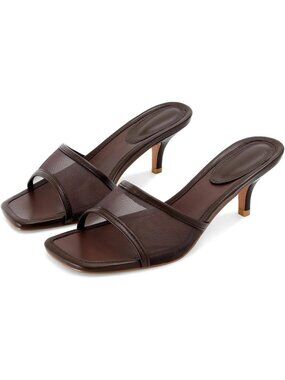 Women's Brown Kitten Heel Sandals Stiletto Low Heels Slip On Slides Mule Sandal